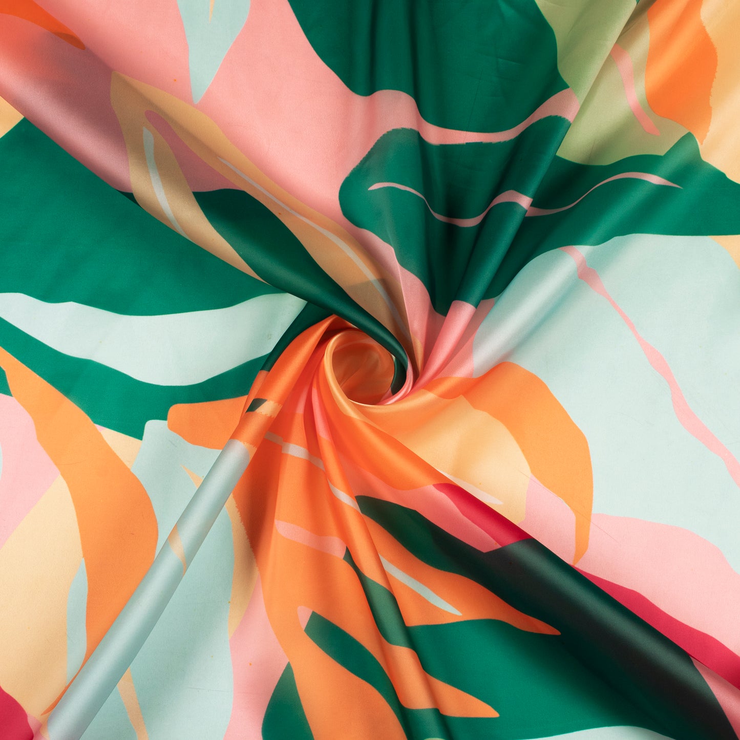 Light Pink And Green Leaf Digital Print Organza Satin Fabric