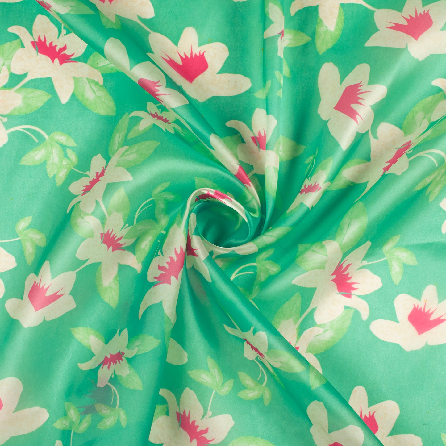 Emerald Green And Pink Floral Digital Print Organza Satin Fabric