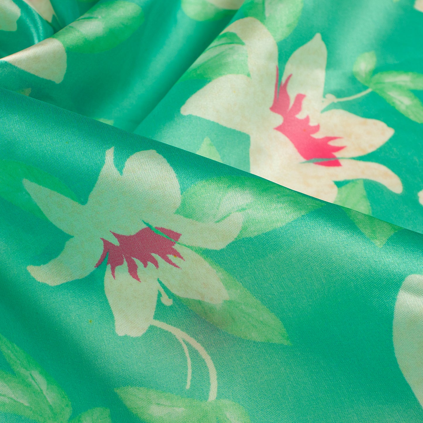 Emerald Green And Pink Floral Digital Print Organza Satin Fabric