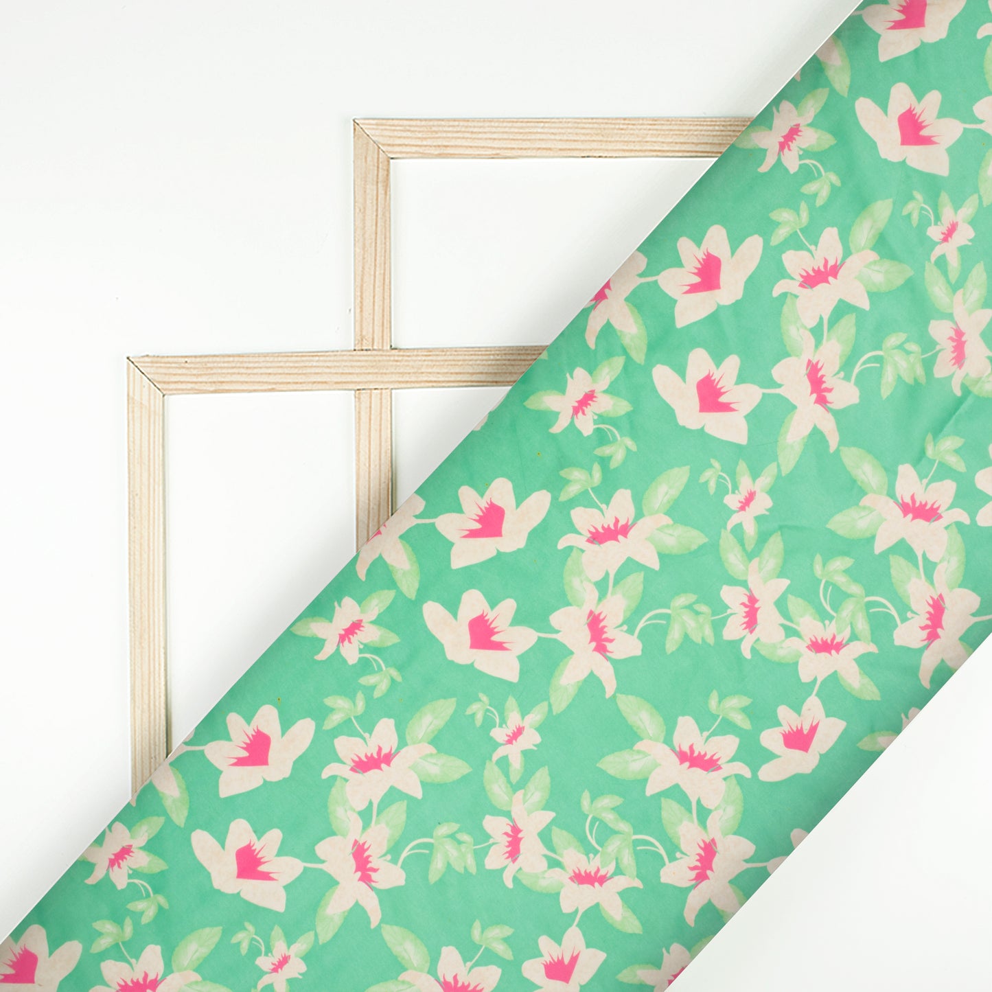 Emerald Green And Pink Floral Digital Print Organza Satin Fabric