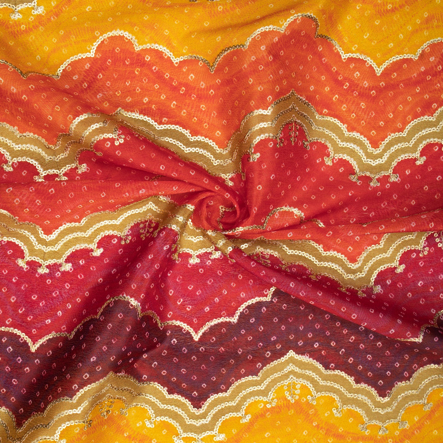 Exclusive Bandhanii Position Print On Sequins Embroidery Chinnon Chiffon Fabric