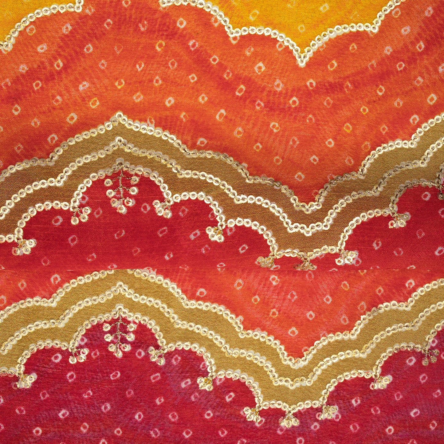 Exclusive Bandhanii Position Print On Sequins Embroidery Chinnon Chiffon Fabric
