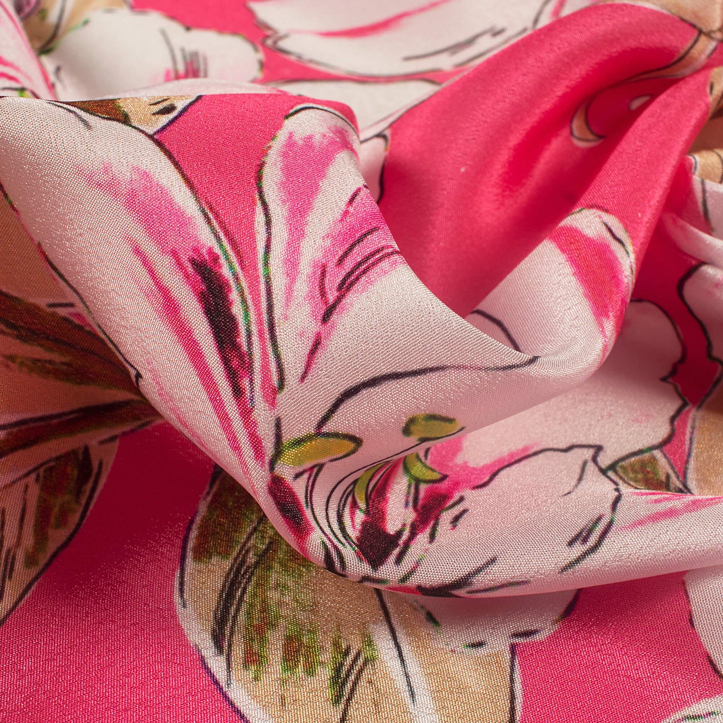 Hot Pink And White Floral Digital Print Crepe Silk Fabric