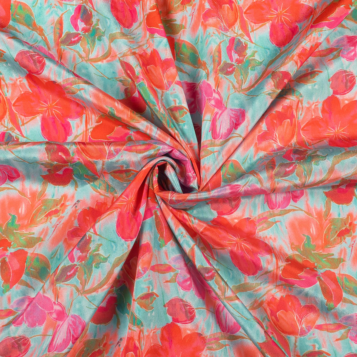 Sea Blue And Pink Floral Digital Print Crepe Silk Fabric