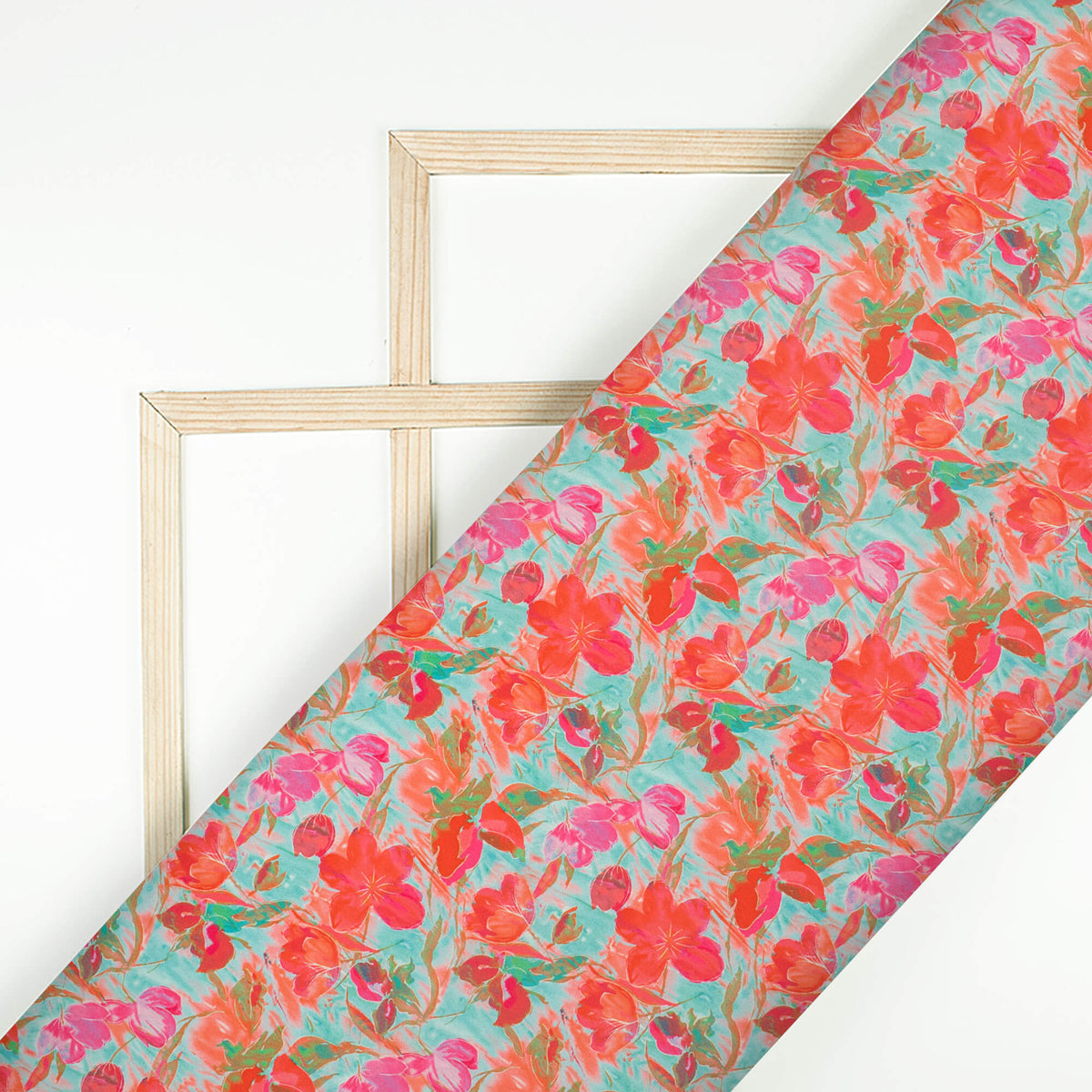 Sea Blue And Pink Floral Digital Print Crepe Silk Fabric