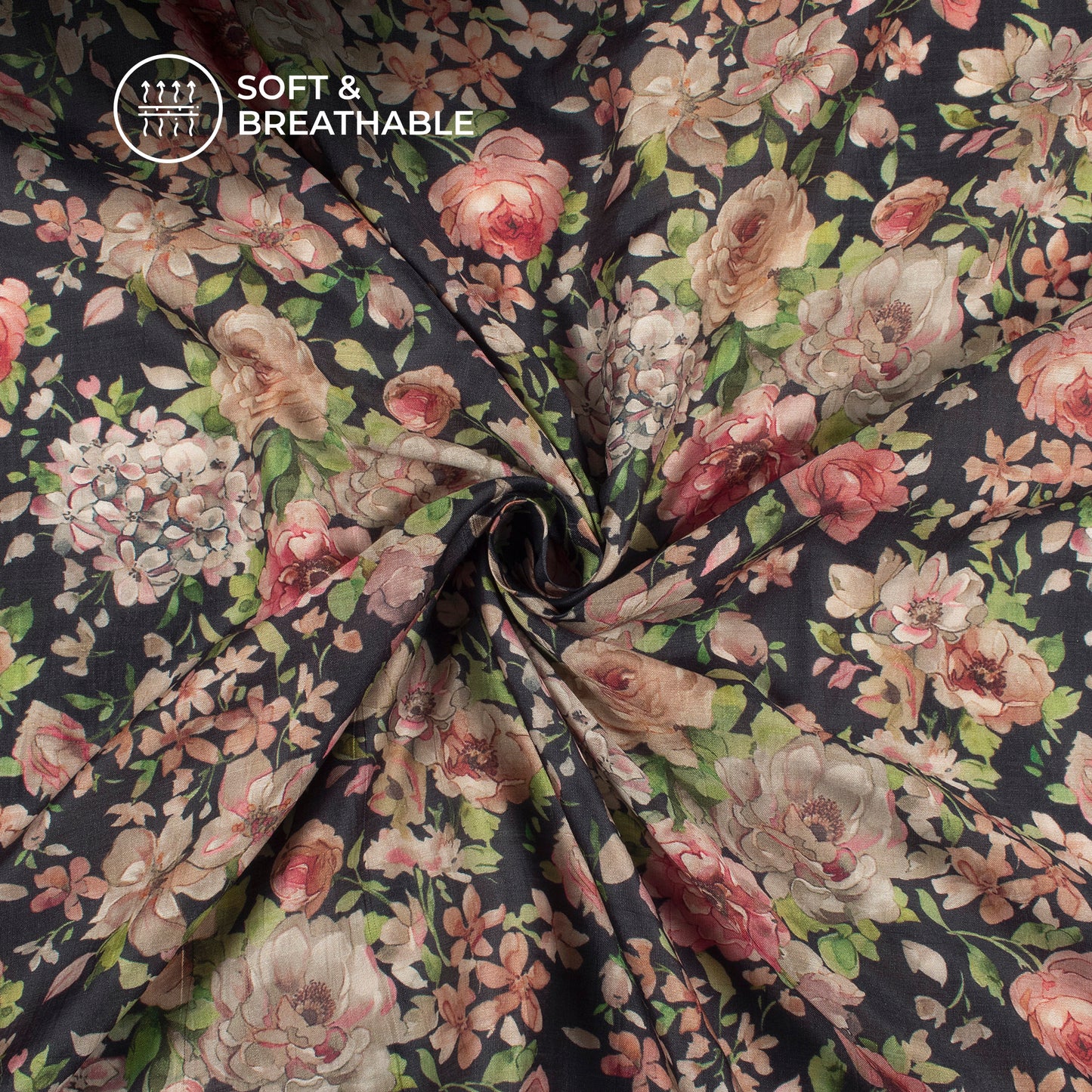 Black Floral Digital Print Viscose Muslin Fabric