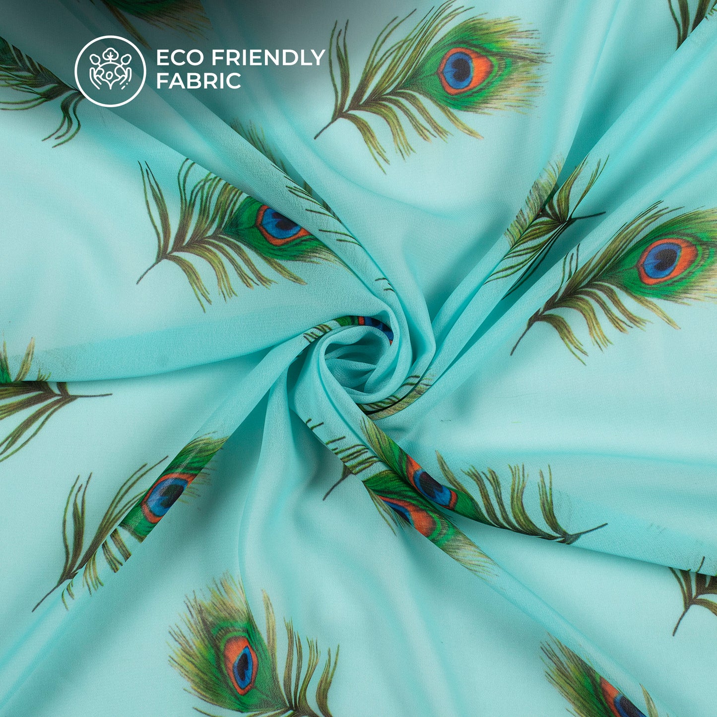 Celeste Sky Blue Peacock Feather Digital Print Georgette Fabric