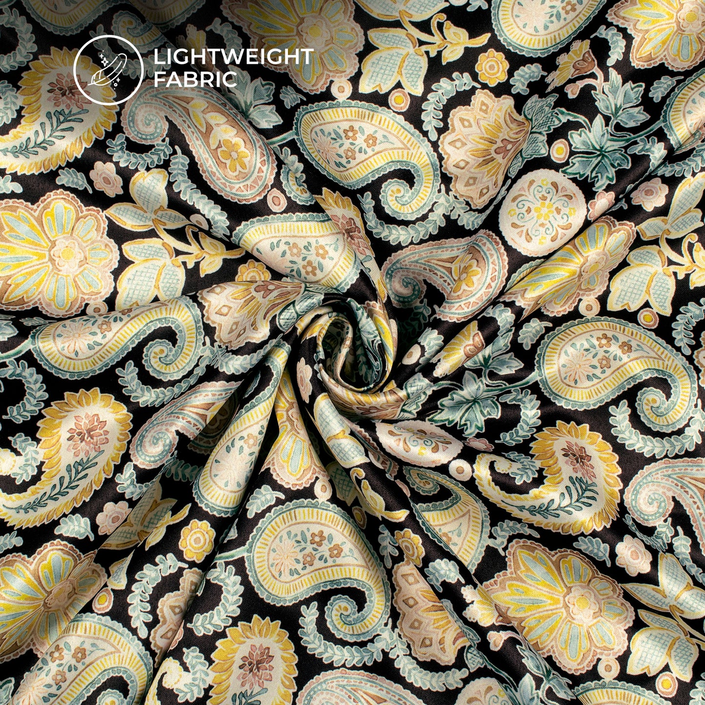 Macaroom Yellow Paisley Digital Print Charmeuse Satin Fabric (Width 58 Inches)