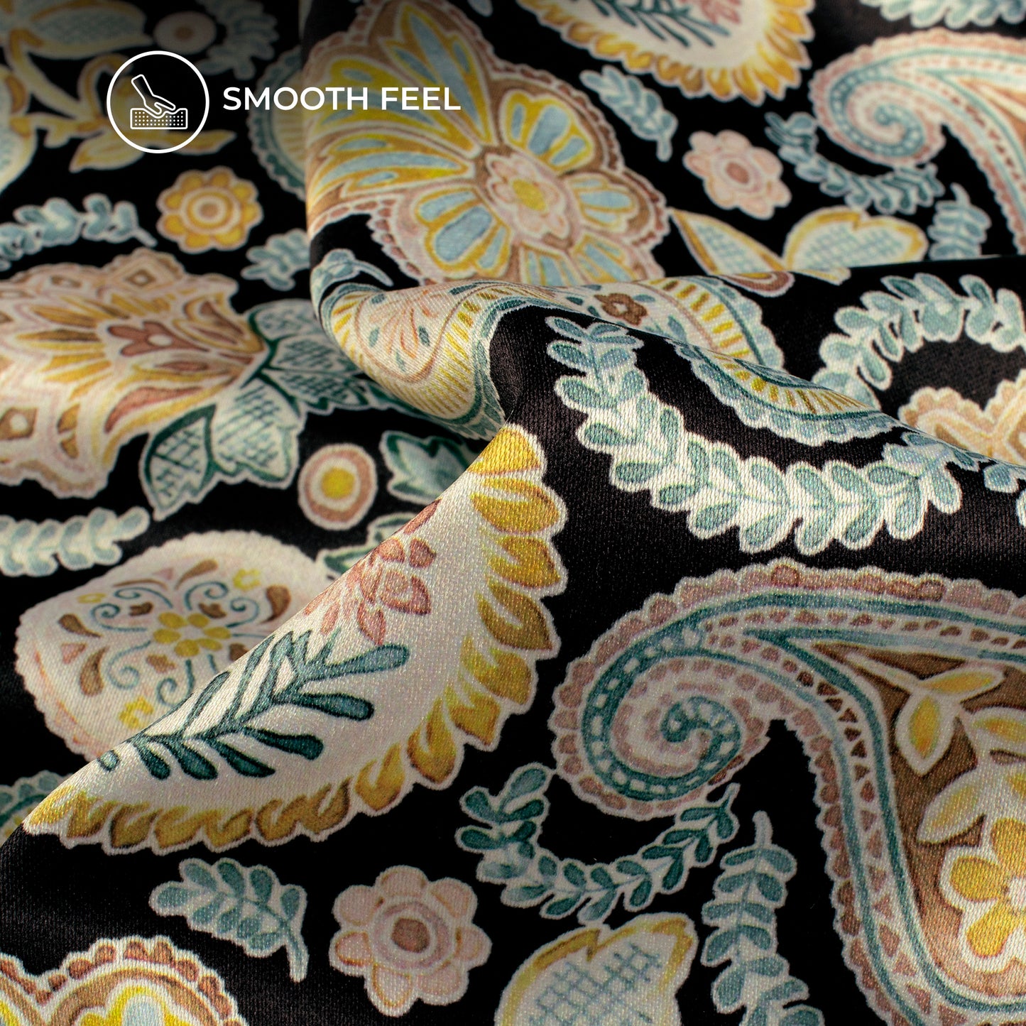 Macaroom Yellow Paisley Digital Print Charmeuse Satin Fabric (Width 58 Inches)