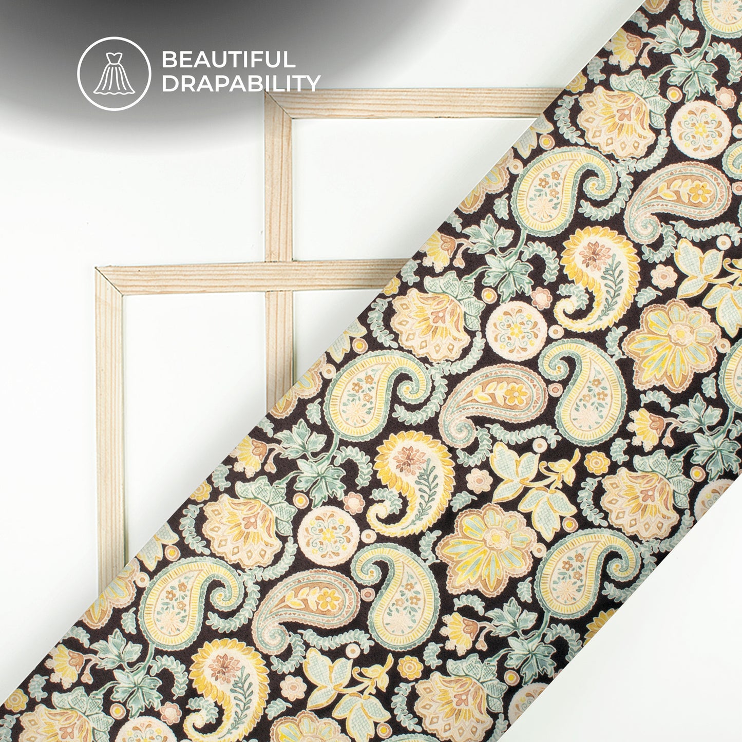 Macaroom Yellow Paisley Digital Print Charmeuse Satin Fabric (Width 58 Inches)