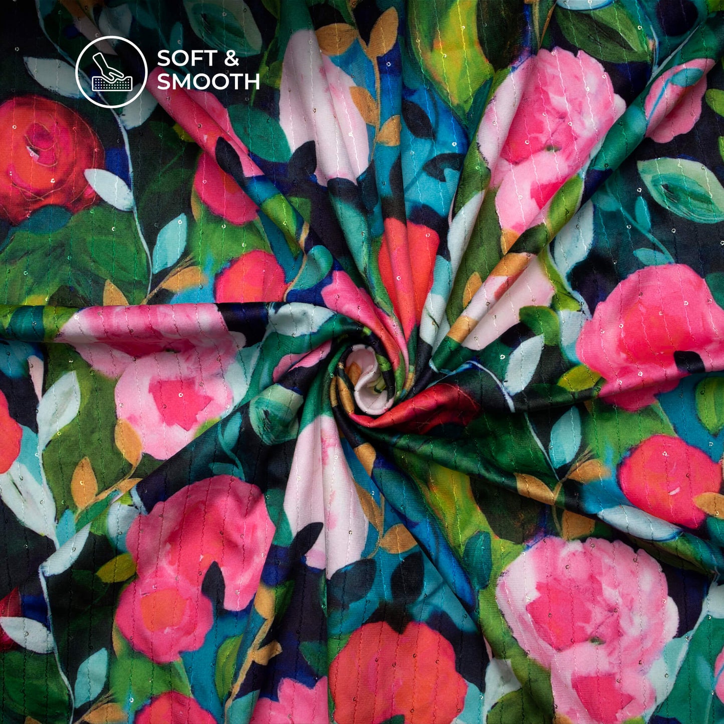 Joyful Floral Digital Print Superior Sequins Velvet Fabric (Width 58 Inches)