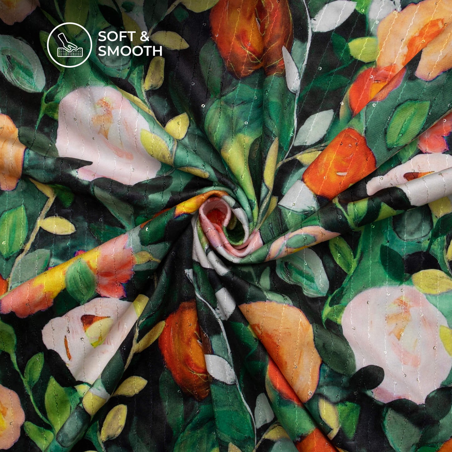 Joyful Floral Digital Print Superior Sequins Velvet Fabric (Width 58 Inches)