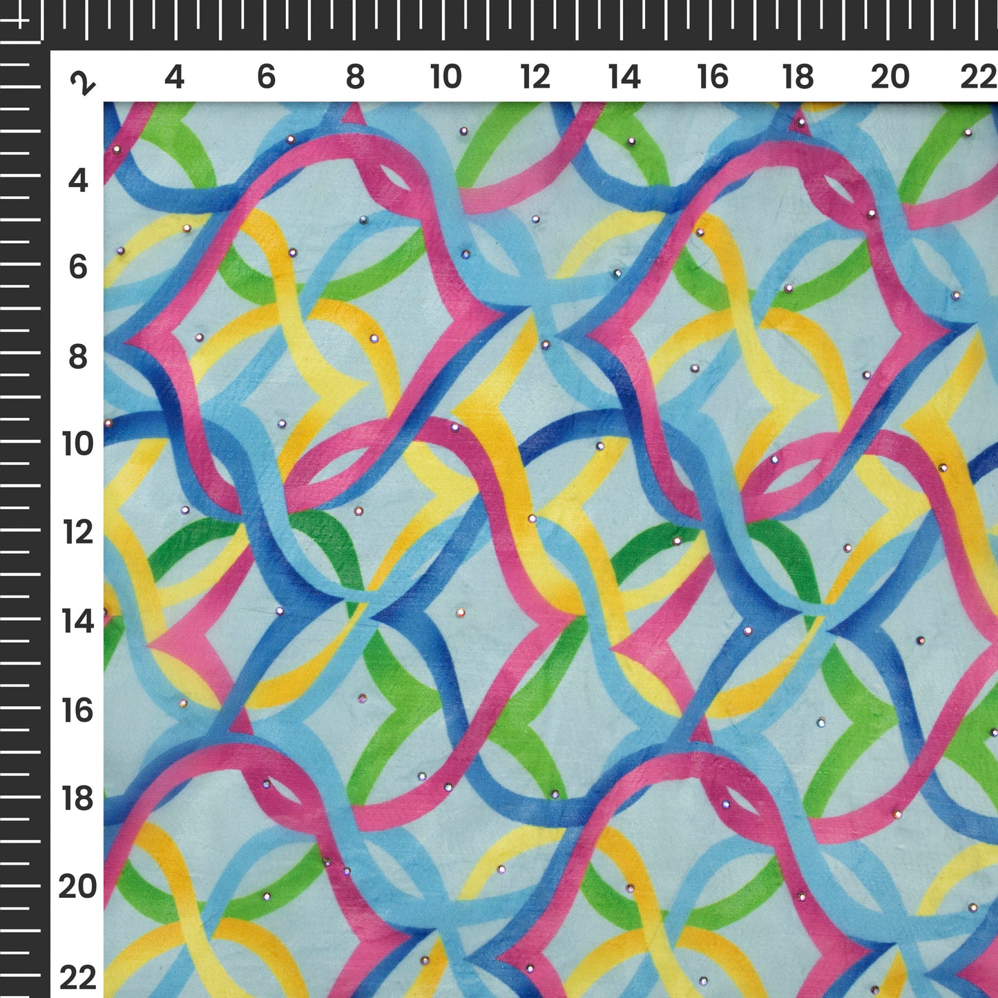 Sky Blue Geometric Digital Print Premium Swarovski Handwork Liquid Organza Fabric
