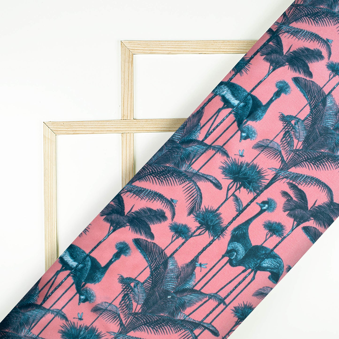 Coral And Slate Grey Bird Pattern Digital Print Japan Satin Fabric