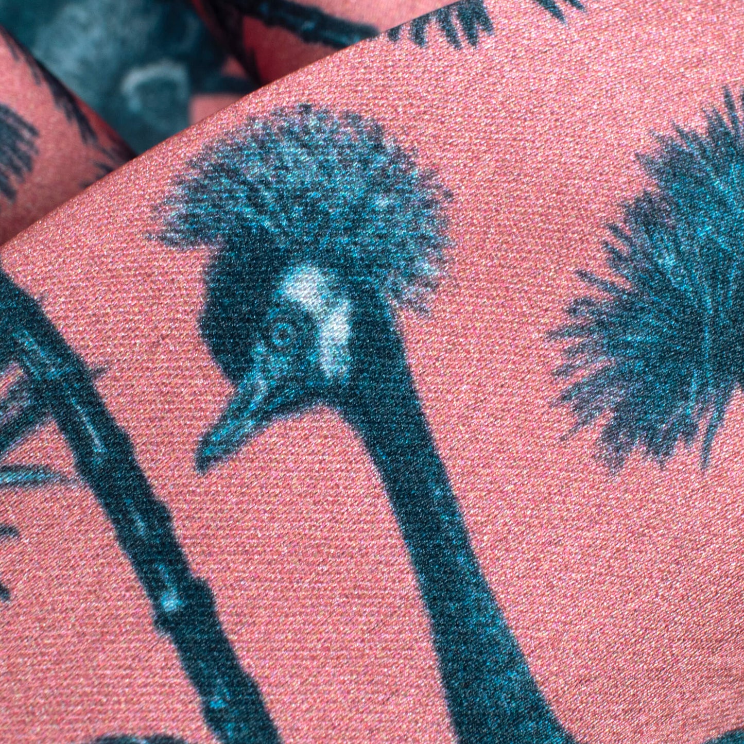 Coral And Slate Grey Bird Pattern Digital Print Japan Satin Fabric
