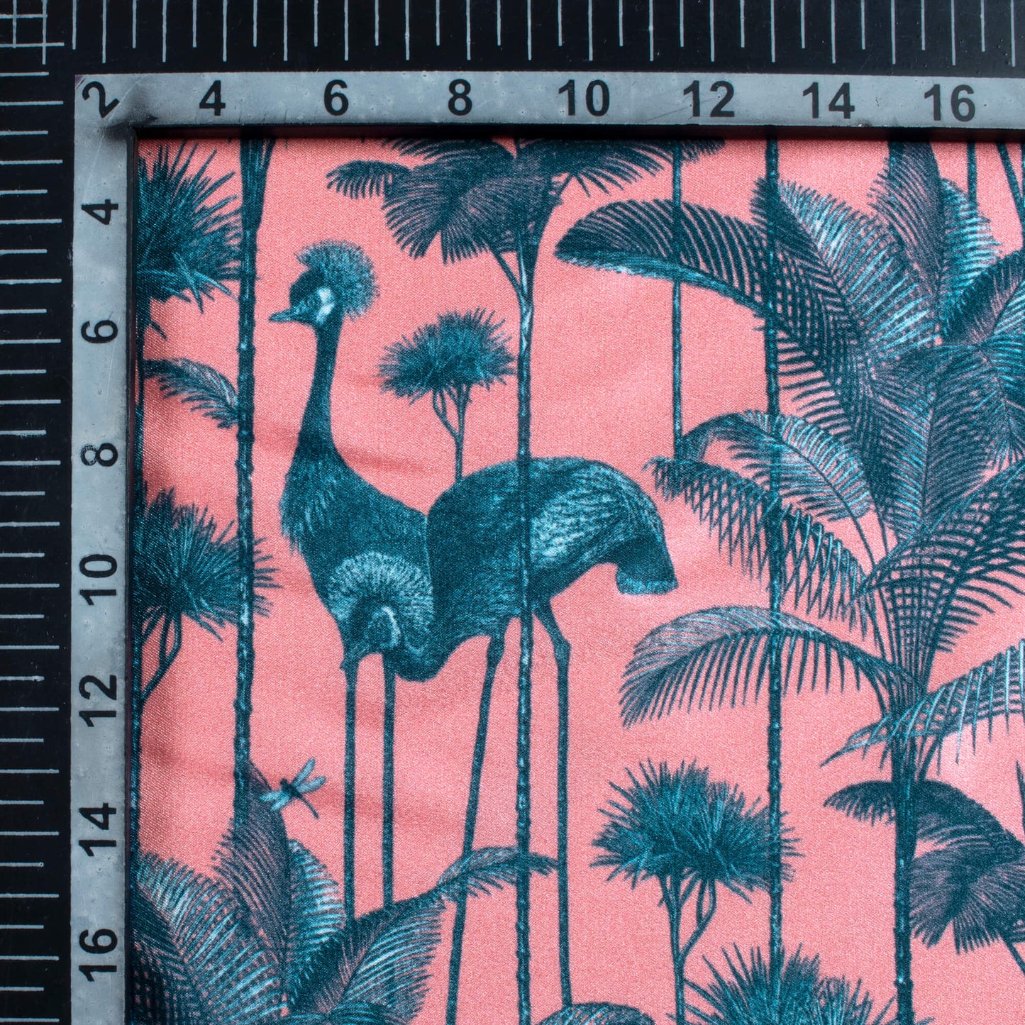 Coral And Slate Grey Bird Pattern Digital Print Japan Satin Fabric