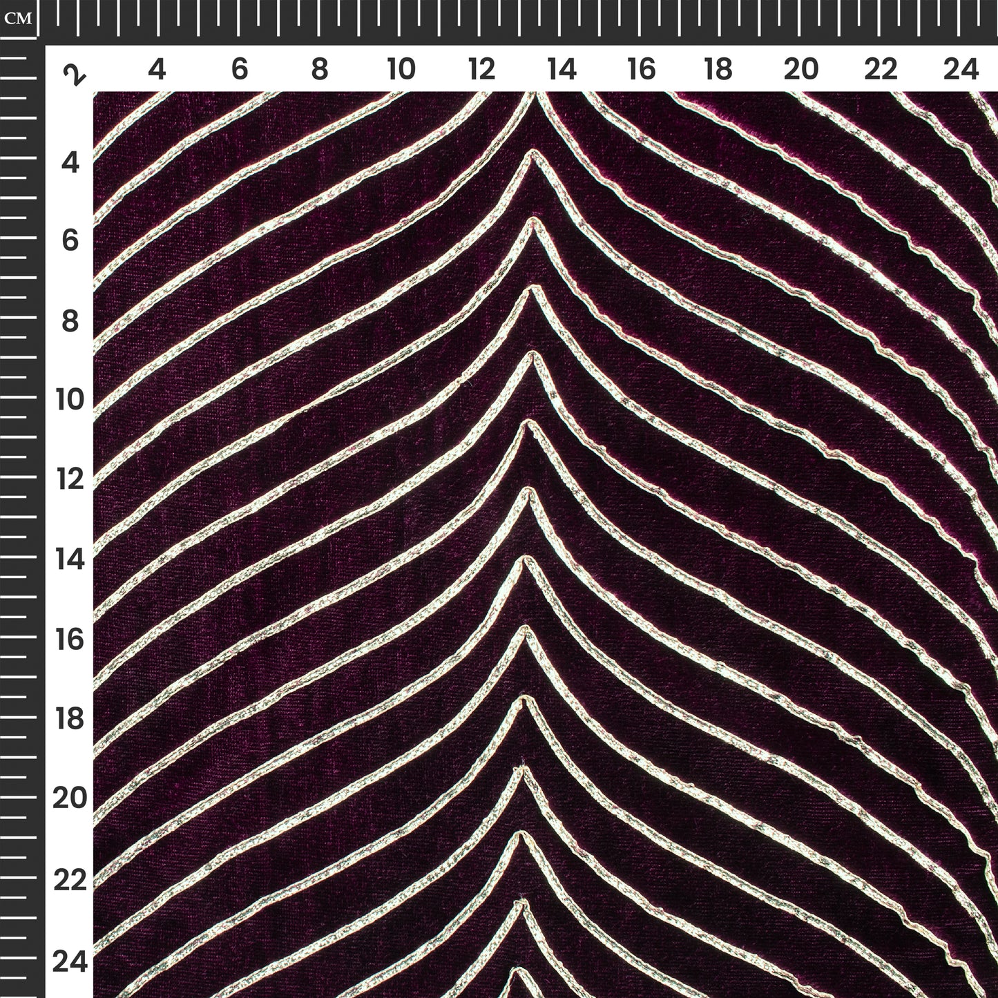 Luxurious Golden Zari Chevron Embroidery On Wine Purple Velvet Fabric