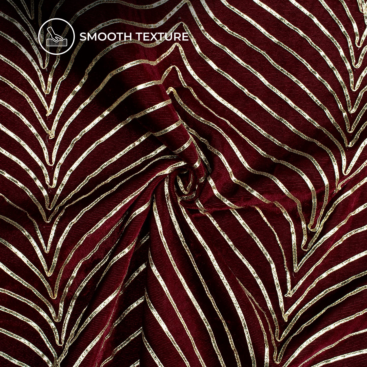 Luxurious Golden Zari Chevron Embroidery On Maroon Velvet Fabric