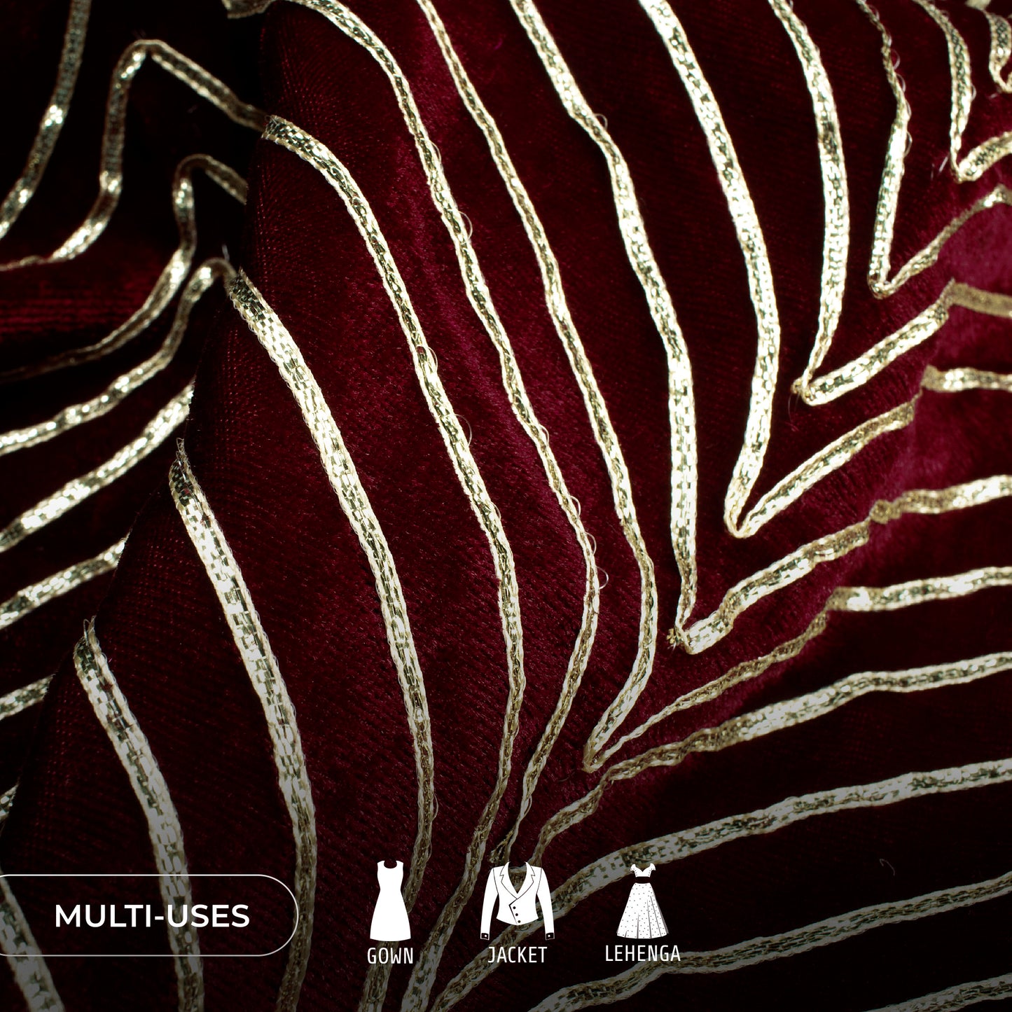 Luxurious Golden Zari Chevron Embroidery On Maroon Velvet Fabric