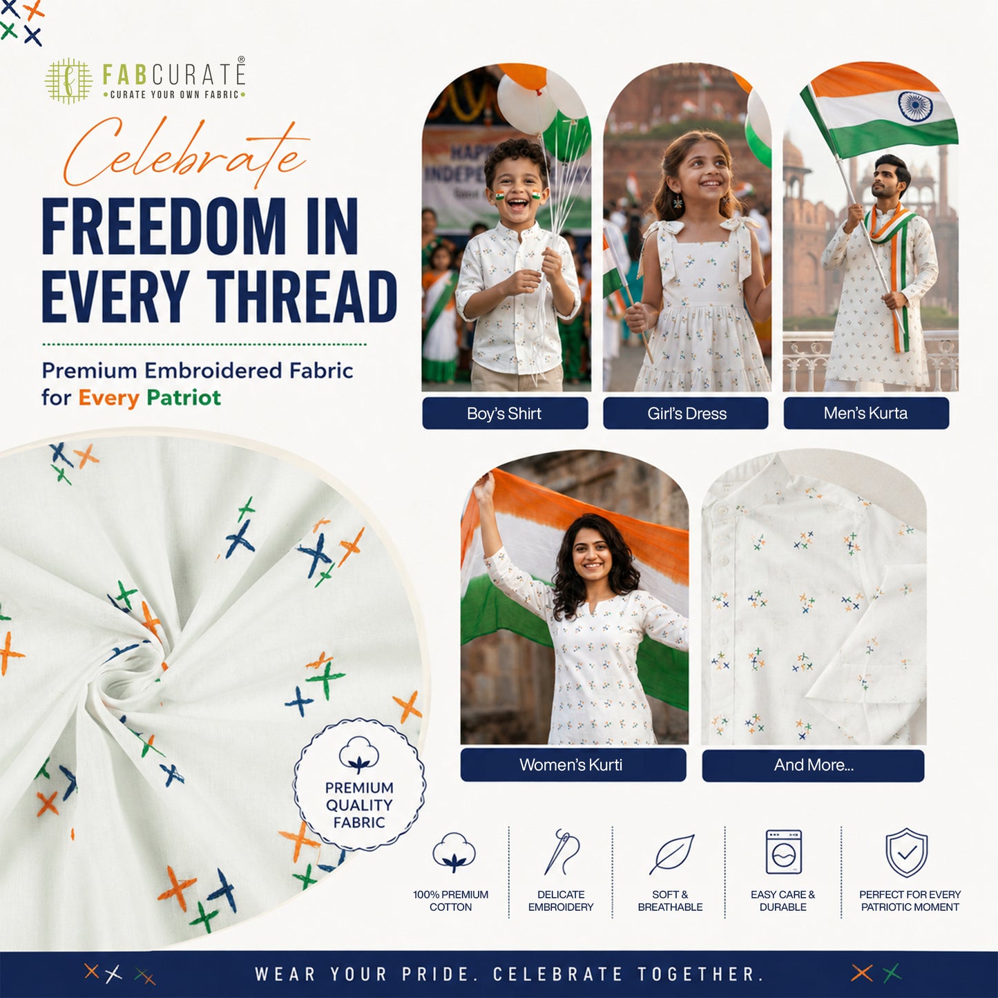 Threads of Freedom - Tricolor Embroidery Threadwork Plain Pure Cotton Fabric