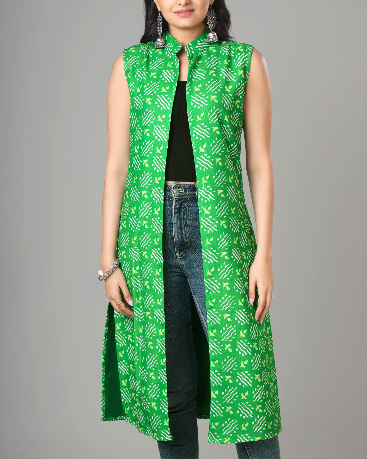 Trendy Bandhani Designer Long Jacket For Woman