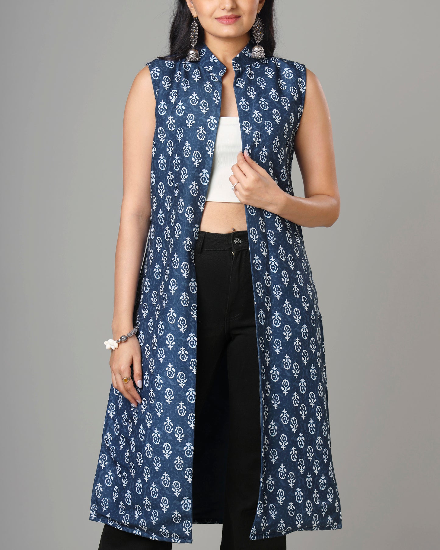 Trendy Quirky Indiigo Long Jacket For Woman