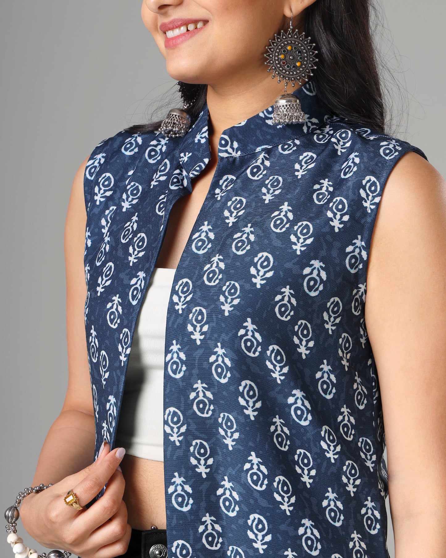 Trendy Quirky Indigo Long Jacket For Woman