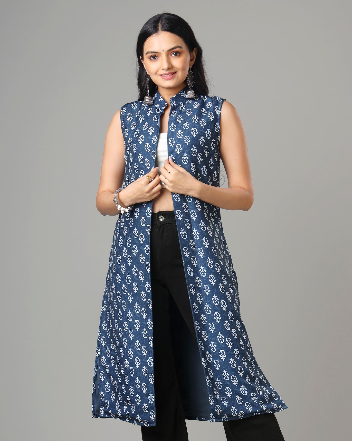 Trendy Quirky Indiigo Long Jacket For Woman