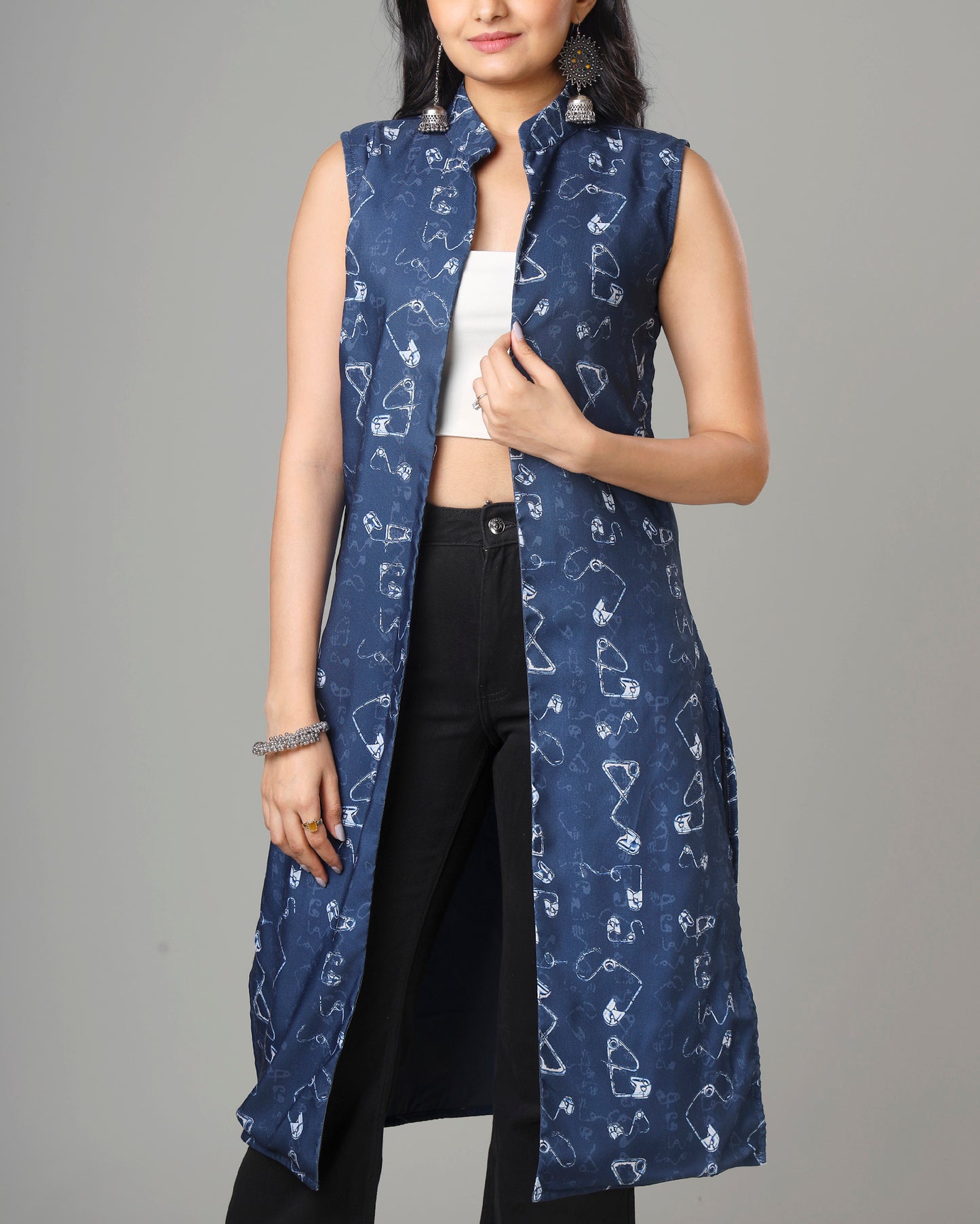 Trendy Quirky Indigo Long Jacket For Woman