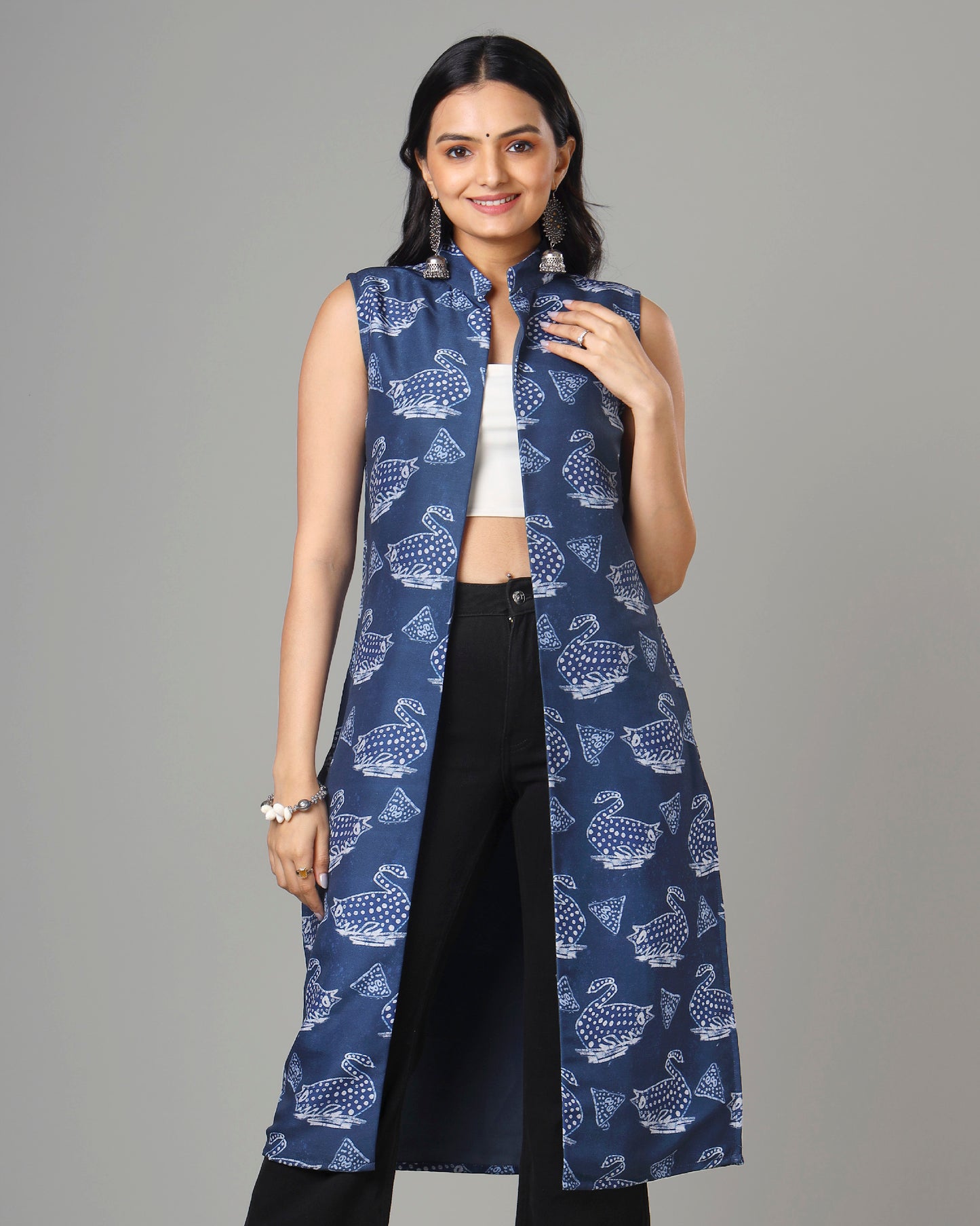 Trendy Quirky Indiigo Long Jacket For Woman