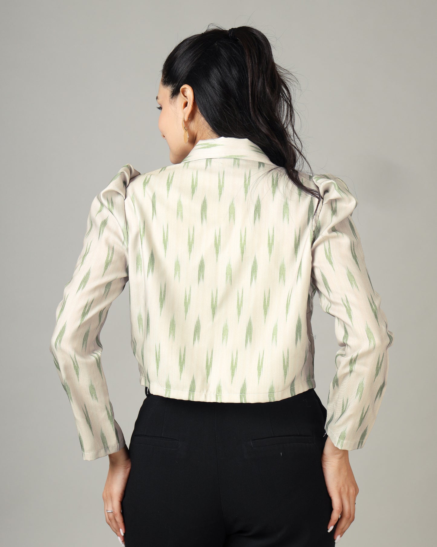 Unveil Artistry in Our Ikat Pattern Women's Crop Jacket