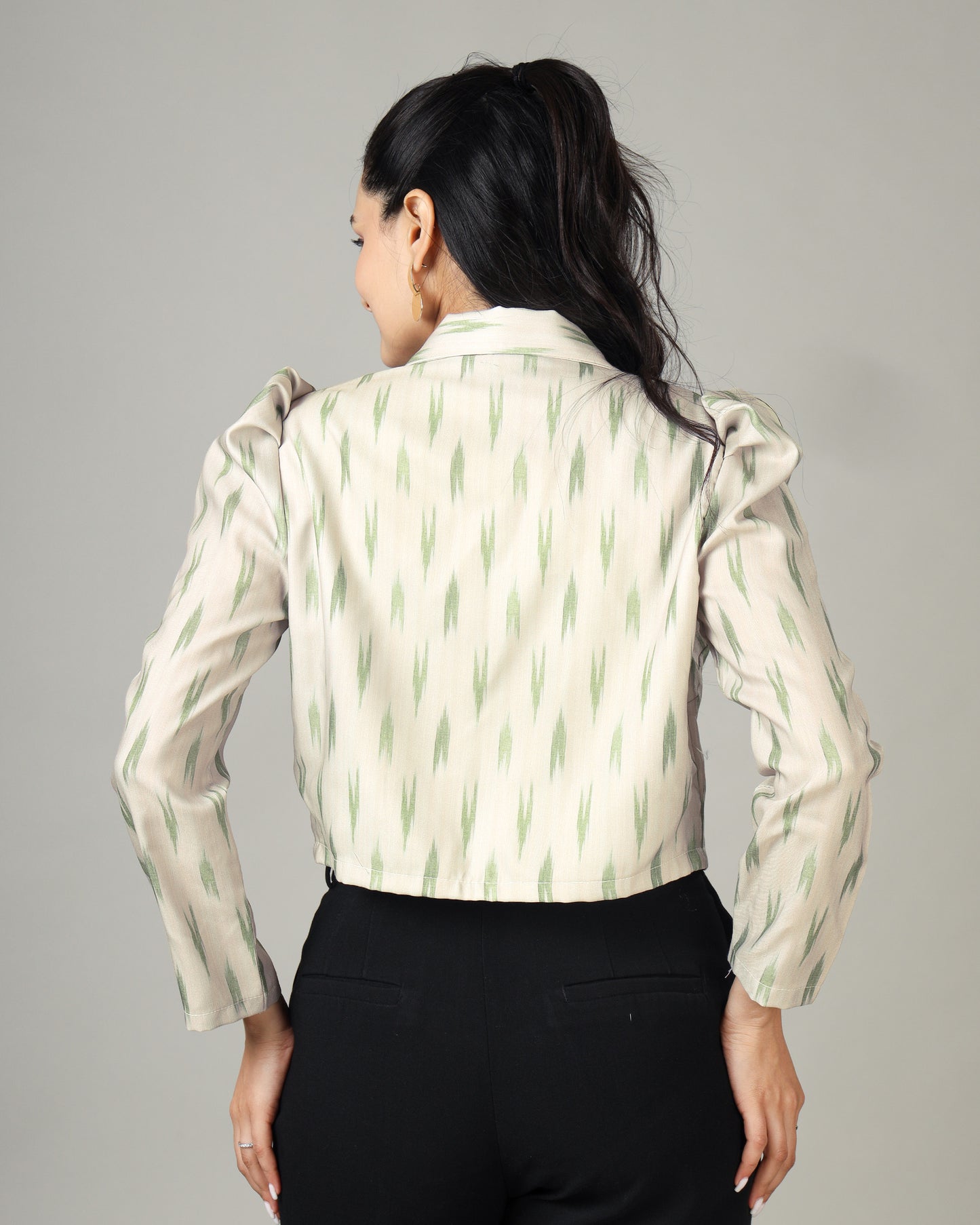 Unveil Artistry in Our Ikkat Pattern Women's Crop Jacket
