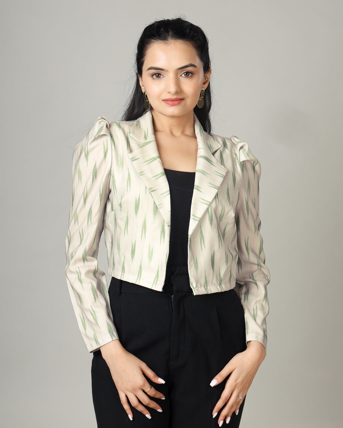 Unveil Artistry in Our Ikat Pattern Women's Crop Jacket