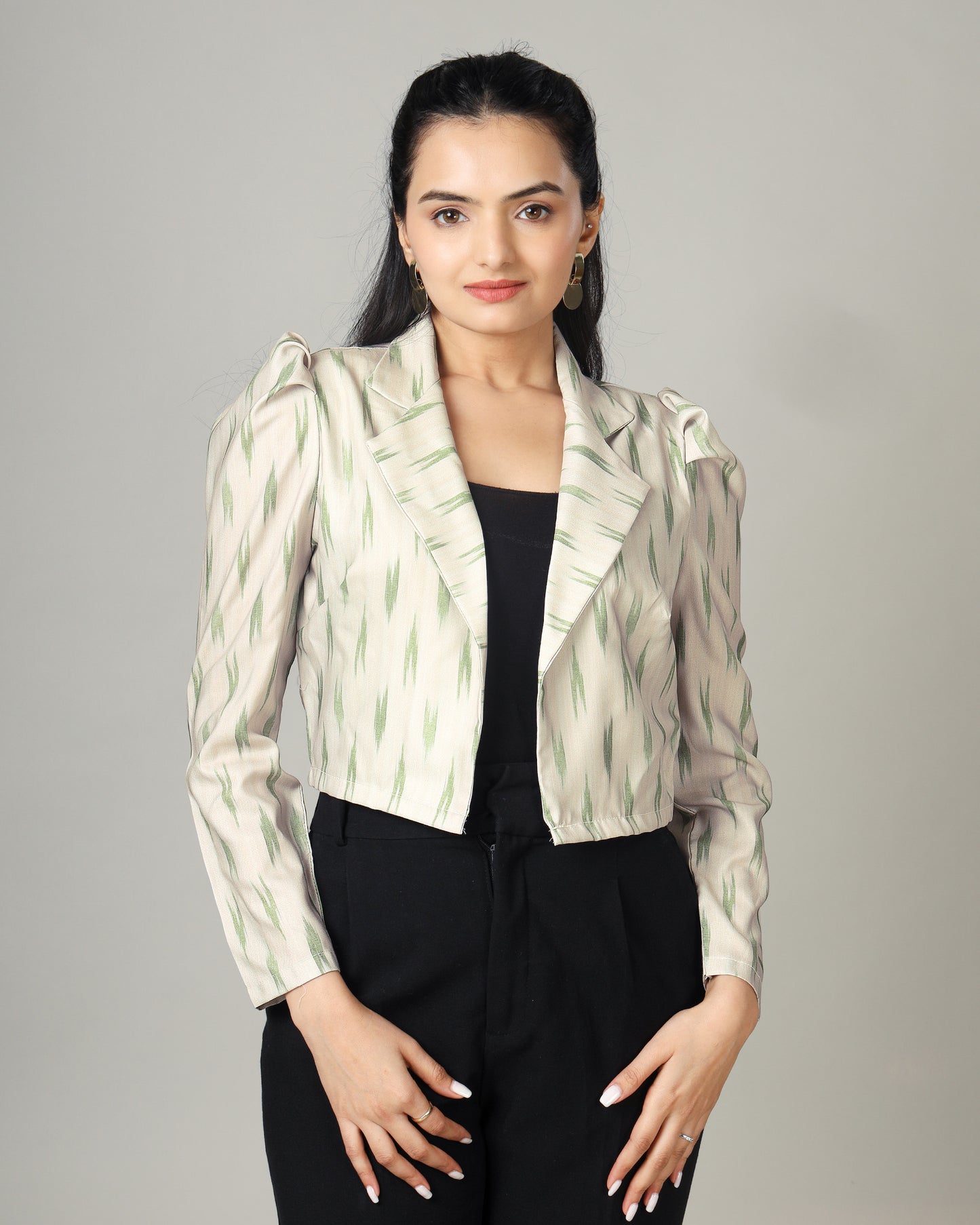 Unveil Artistry in Our Ikkat Pattern Women's Crop Jacket