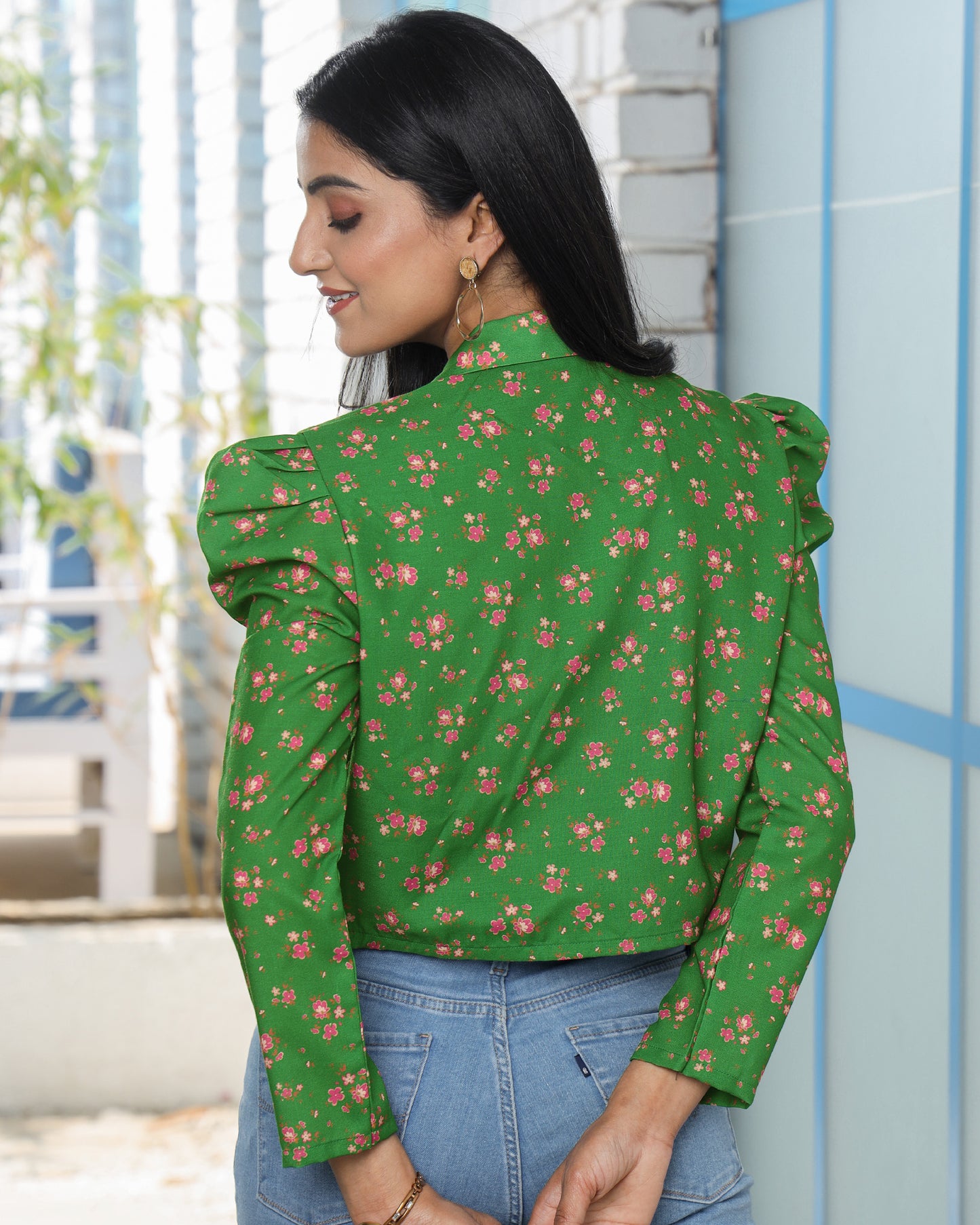 Petal Pink-A Floral Embellished Green Women's Jacket