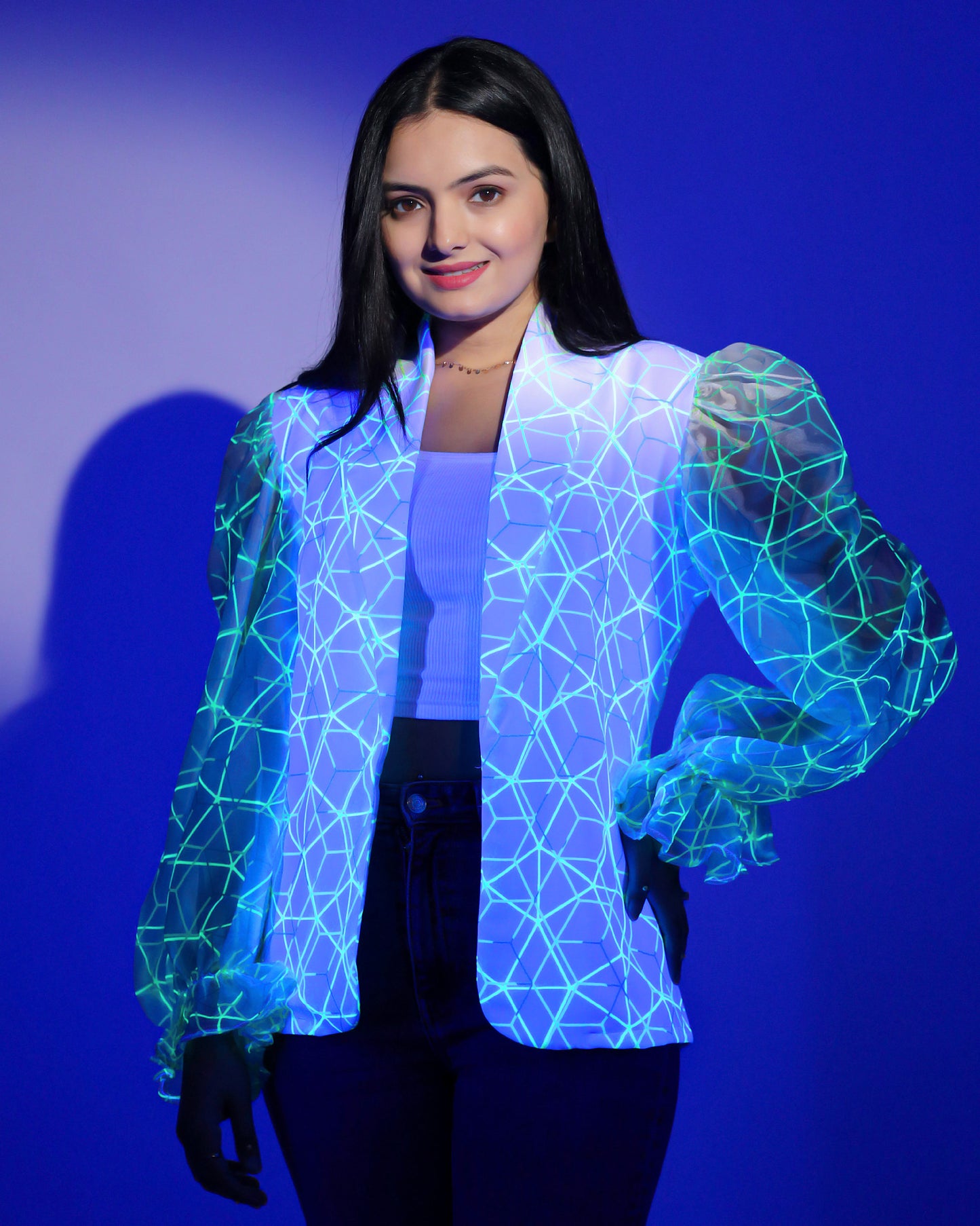 Neon Web Wonder: Puff Sleeve Women's Jacket