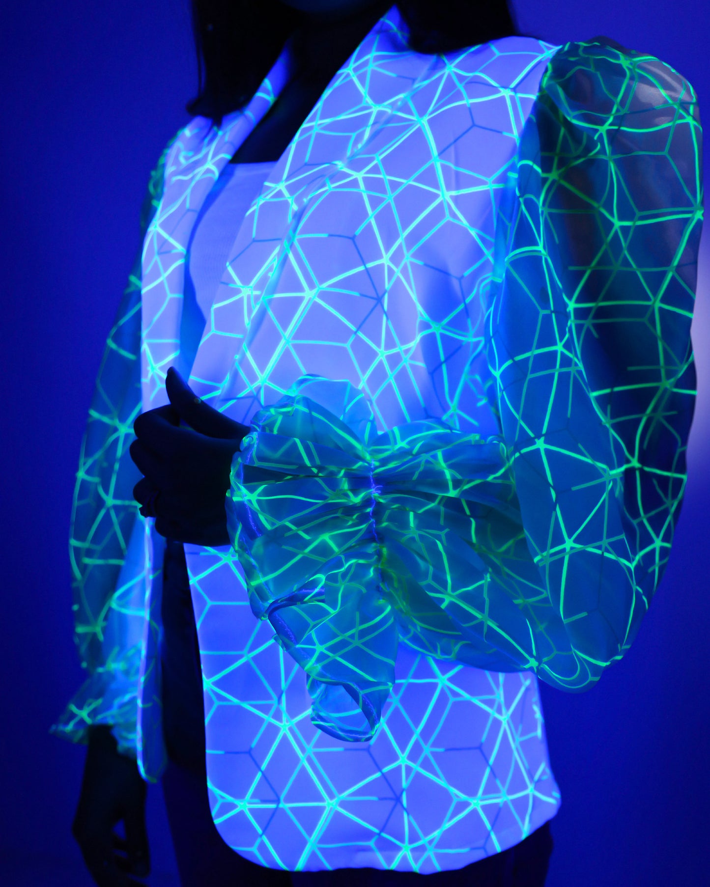 Neon Web Wonder: Puff Sleeve Women's Jacket
