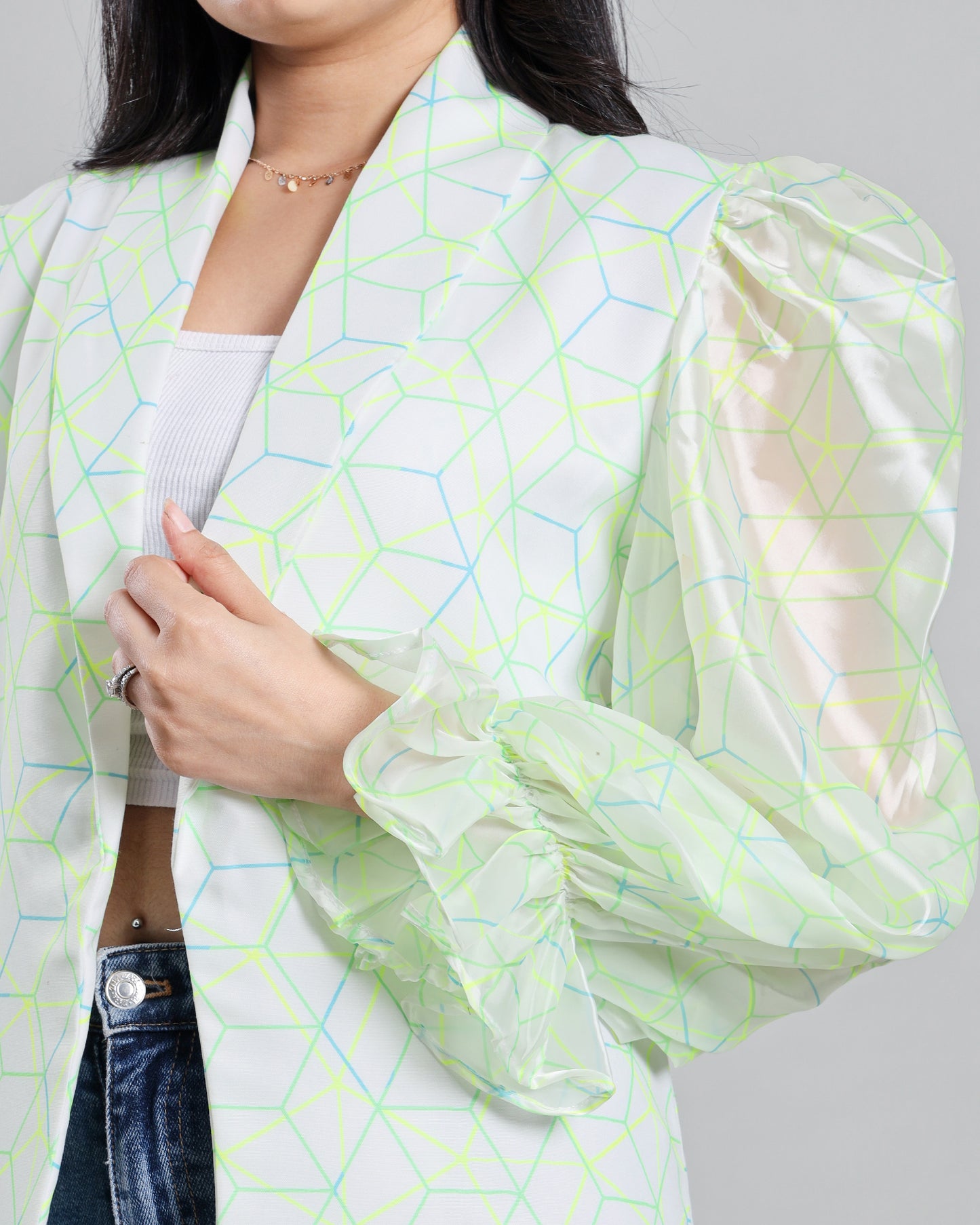 Neon Web Wonder: Puff Sleeve Women's Jacket