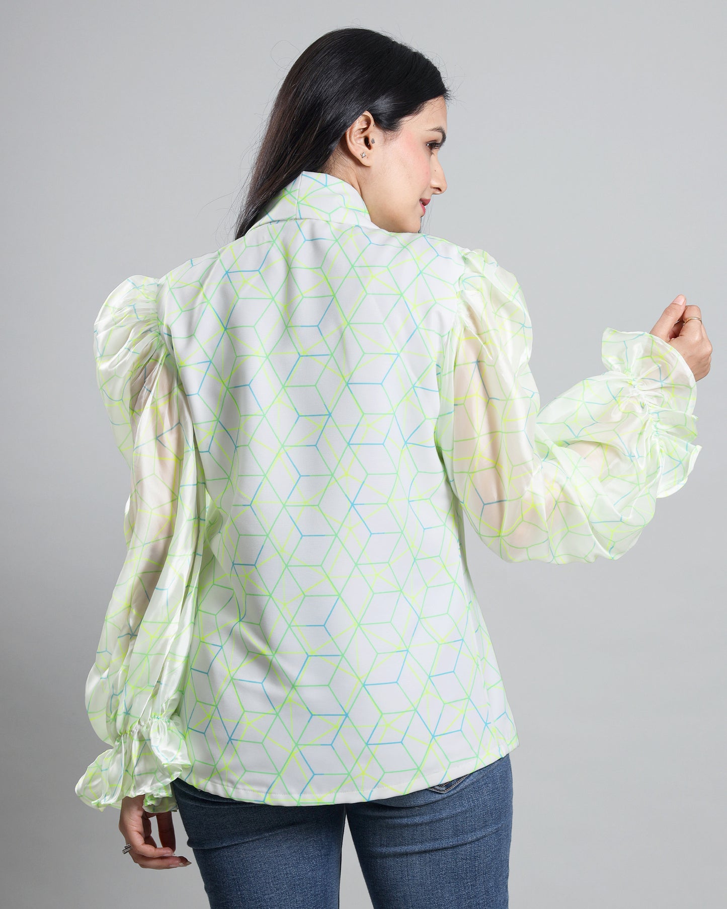 Neon Web Wonder: Puff Sleeve Women's Jacket