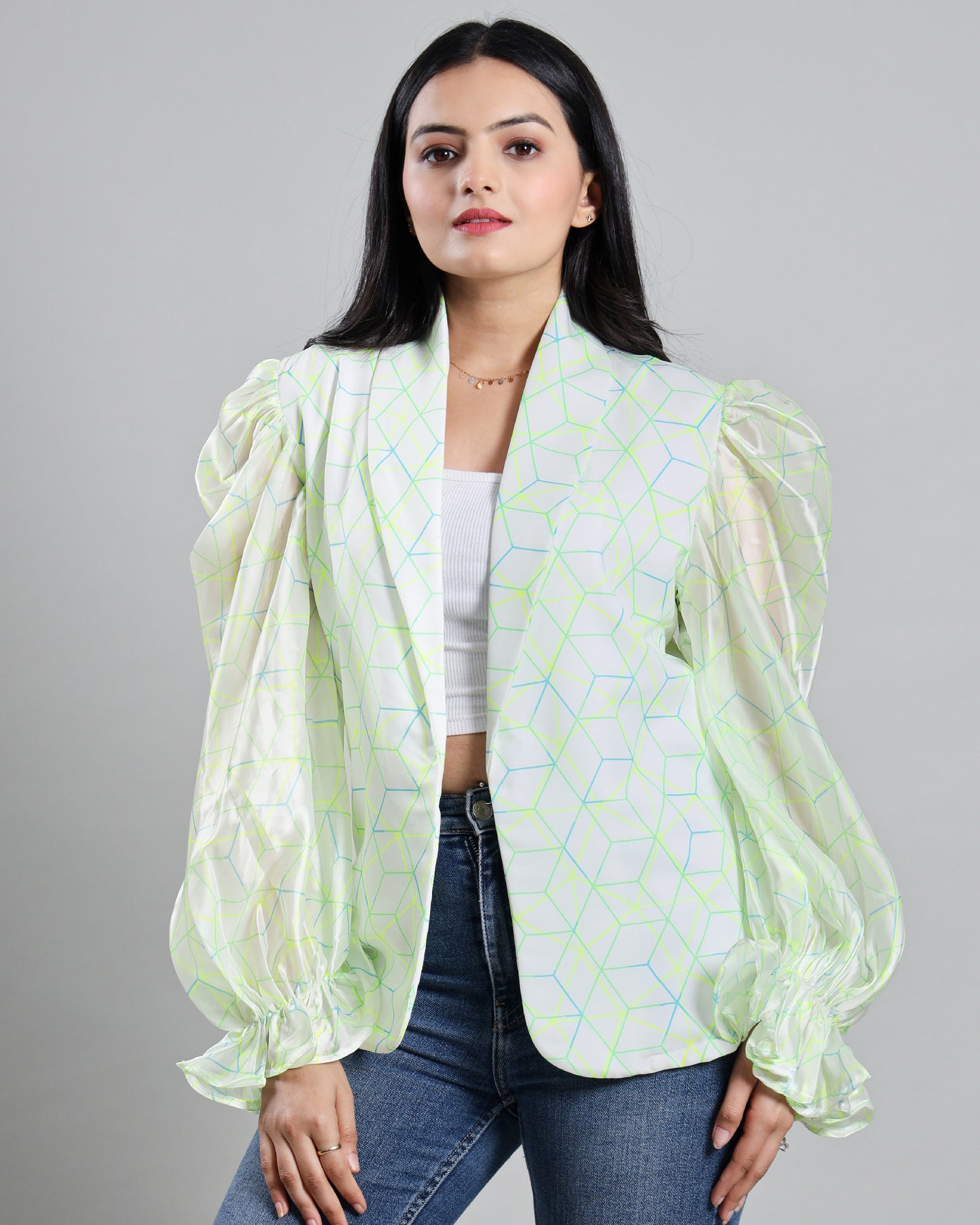 Neon Web Wonder: Puff Sleeve Women's Jacket