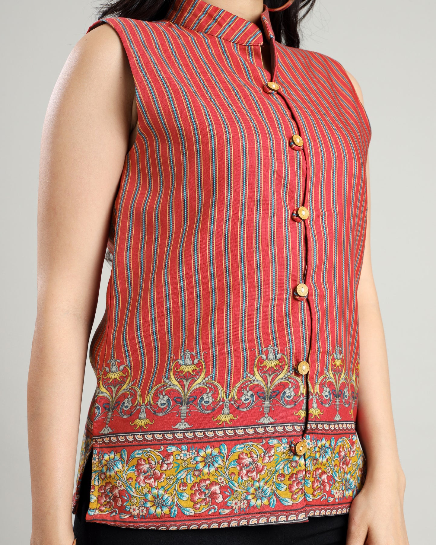 Women's Sleeveless Striped Nehru Jacket