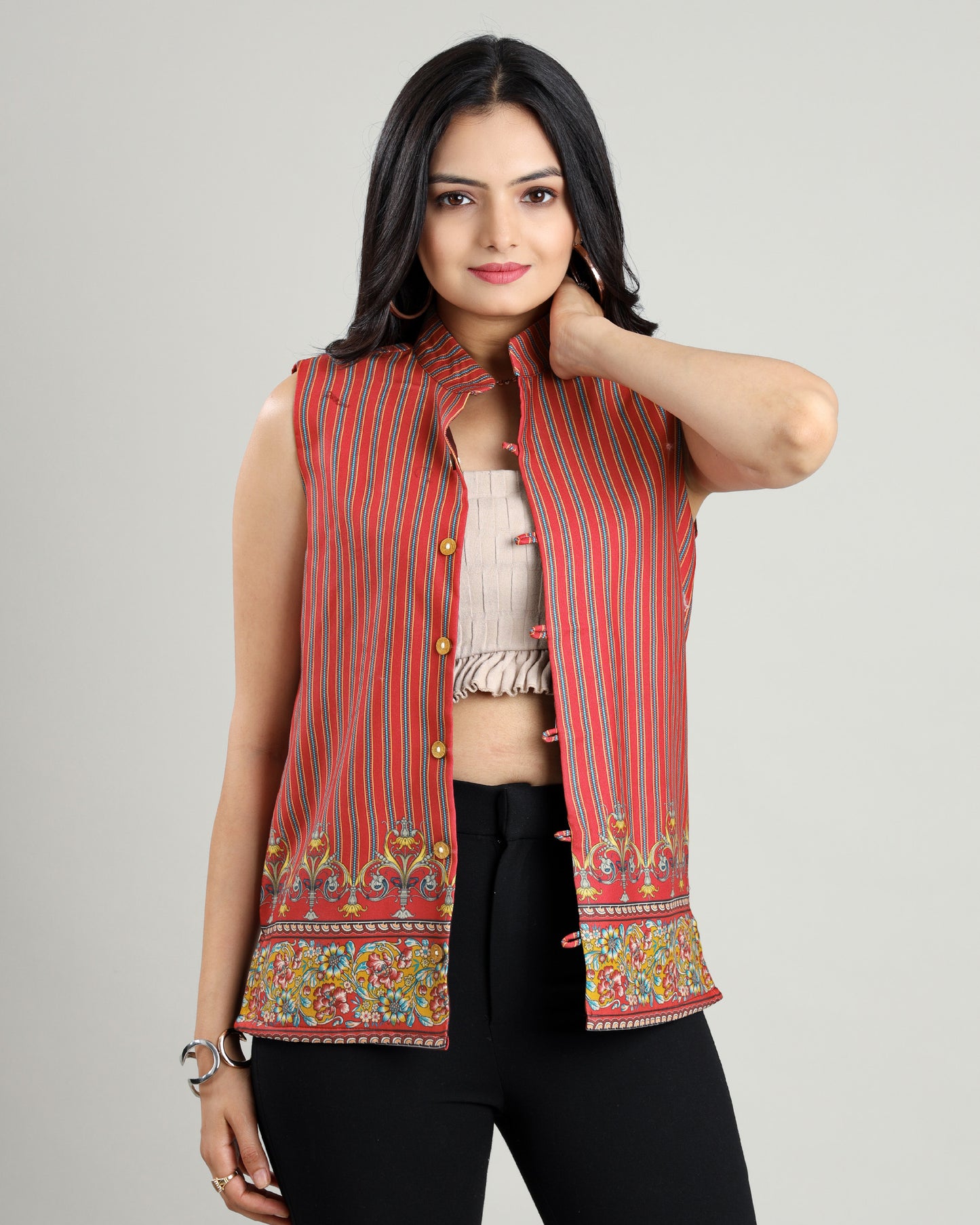 Women's Sleeveless Striped Nehru Jacket