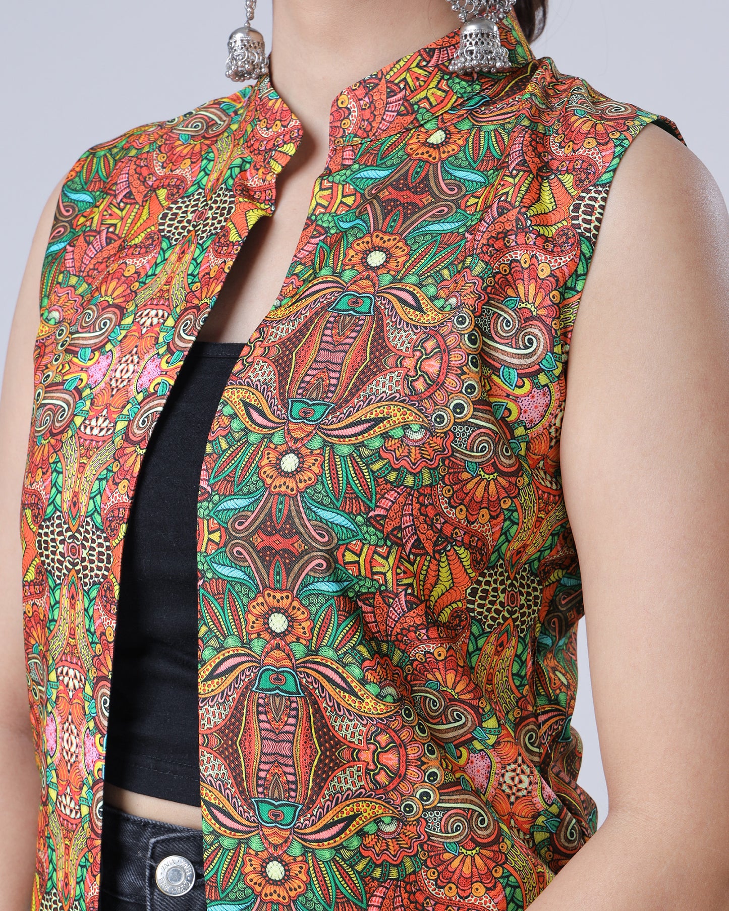 Attractive Multicolor Floral Sleeveless Long Jacket For Women