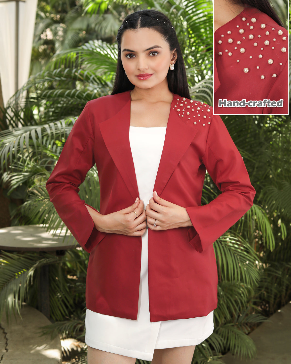 Plain Marron Pearl Hand Embellish Work Jacket