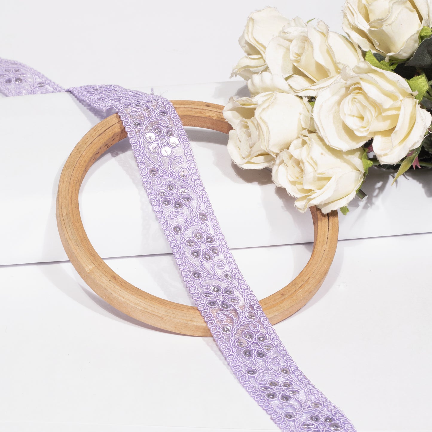 Sequins Glitter on Beautiful Pastel Purple Lace (9 Mtr)