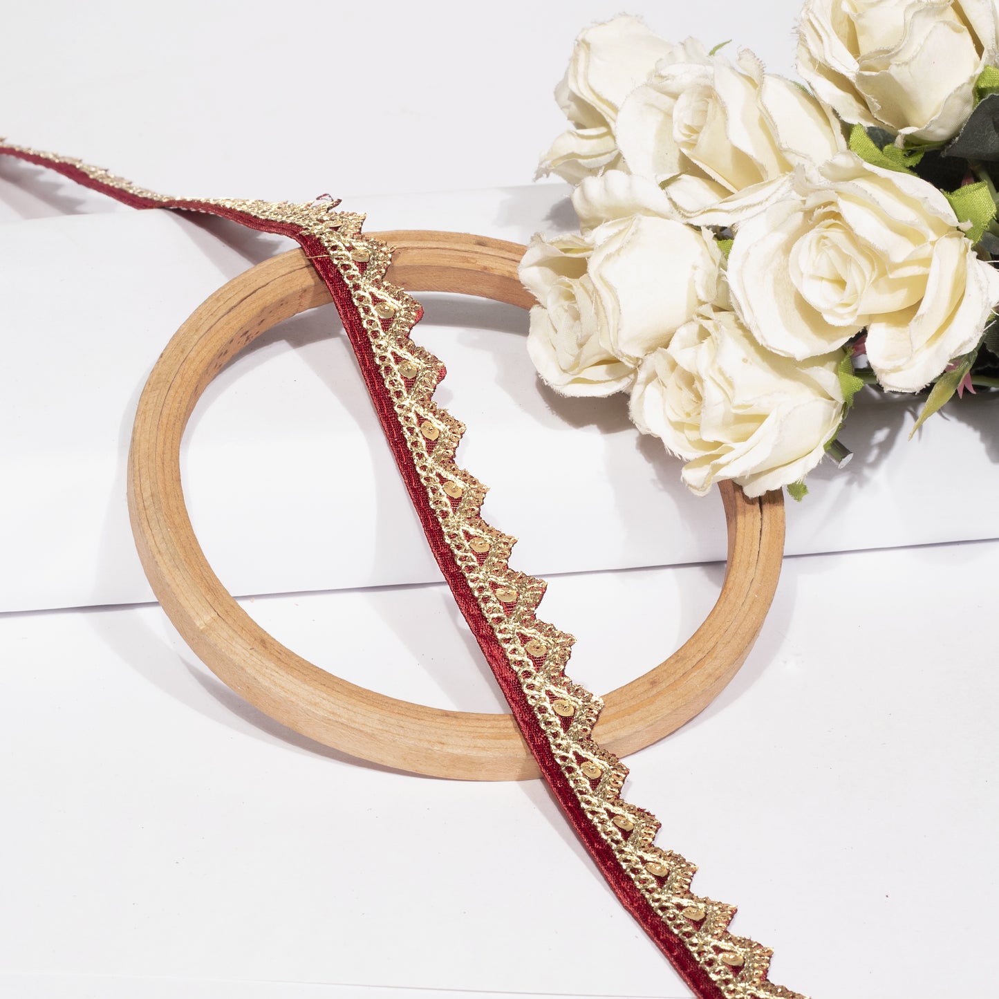 Zardosi Embellished Maroon Triangle Scalloped Lace (9 Mtr)
