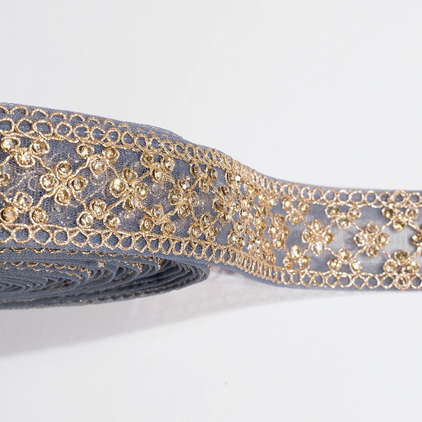 Magic of Zardosi and Crystal Stone on Grey Lace (9 Mtr)