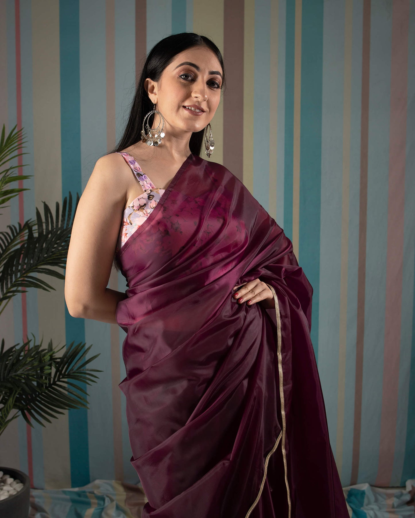 Maroon Plain Liquid Organza Pre-Draped Saree With Lace Border