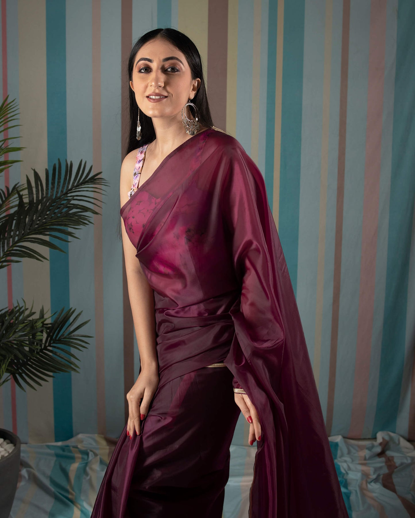 Maroon Plain Liquid Organza Pre-Draped Saree With Lace Border