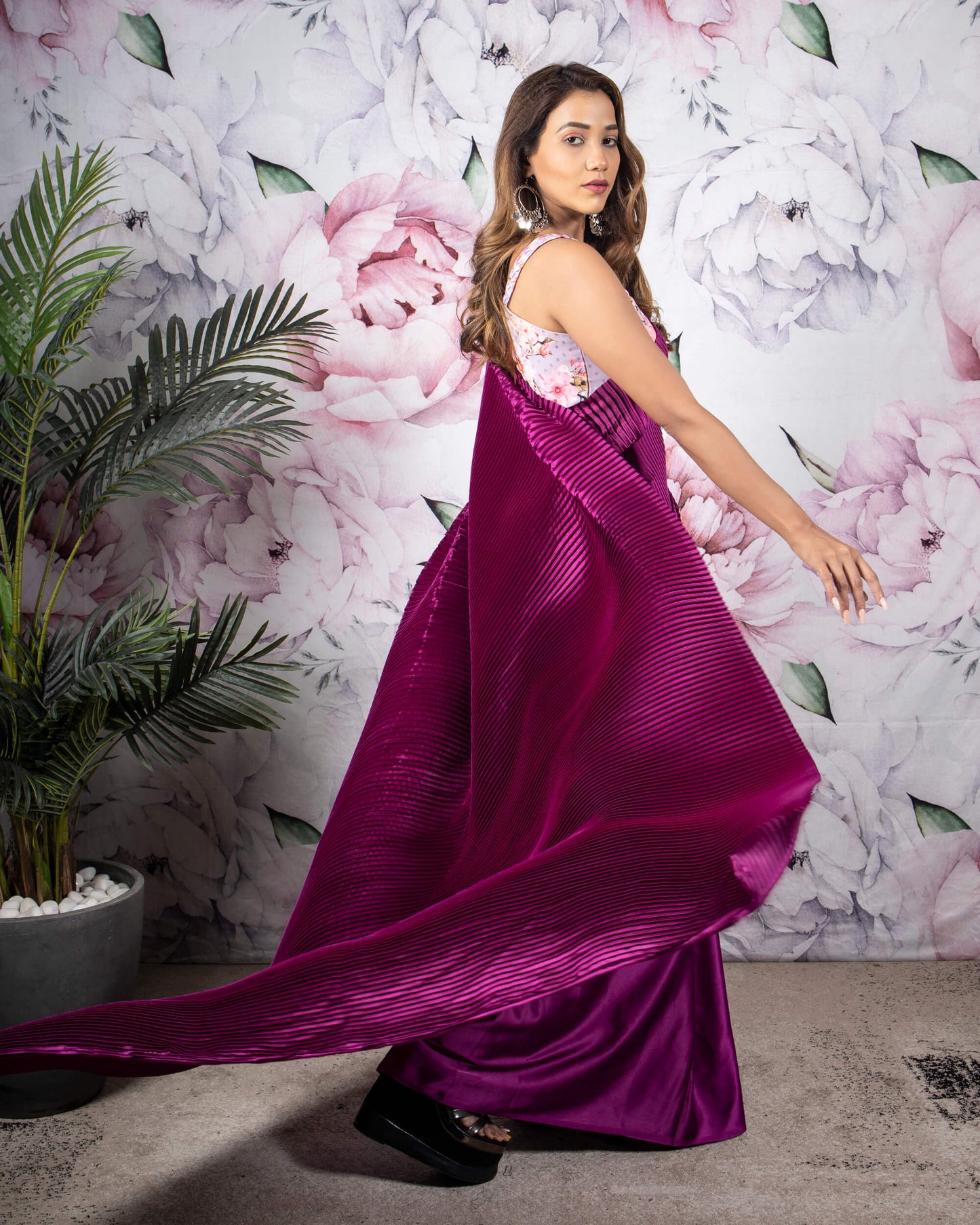 Wine Purple Plain Half Pleated Japan Satin Ready To Wear Saree